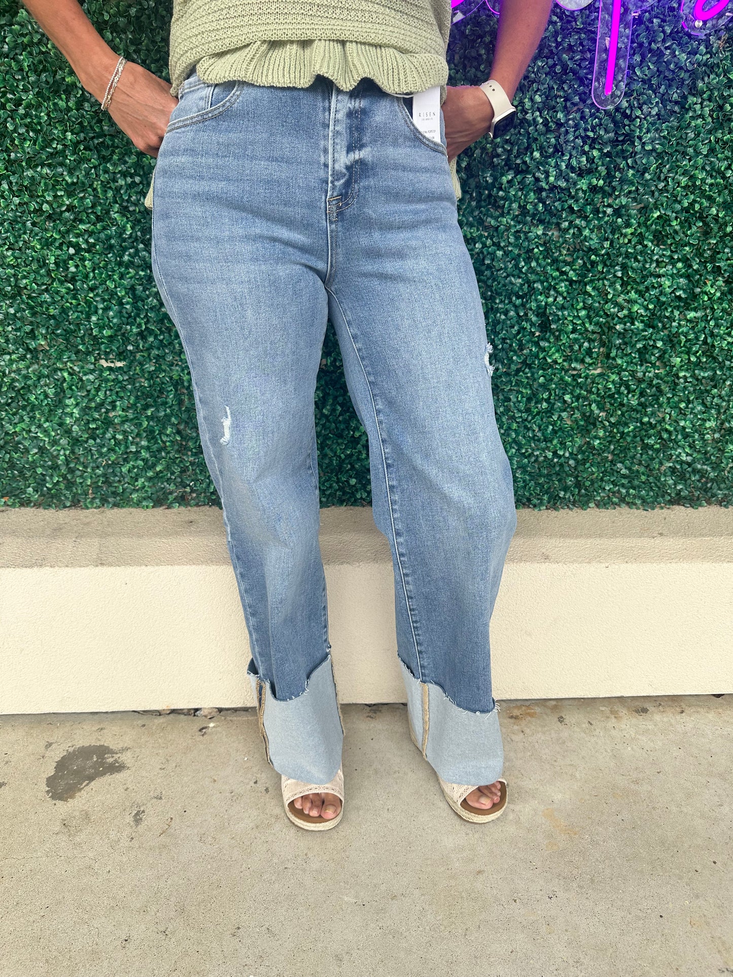 Risen HR Ankle Wide Cuffed Jeans