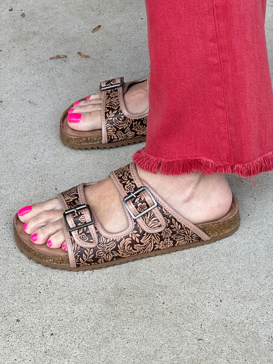 Tan Tooled Slide On Sandals