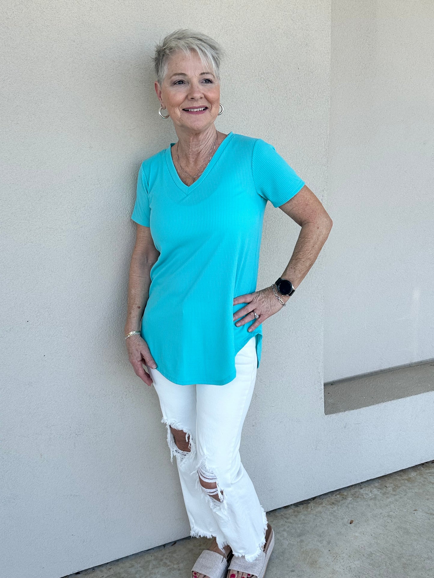 Turquoise Ribbed Casual Top