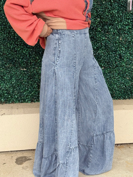 Fitted Ruffle Wide Leg Bottoms