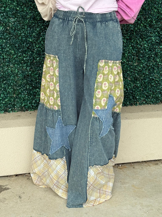 Patchwork Denim Wide Leg Bottoms